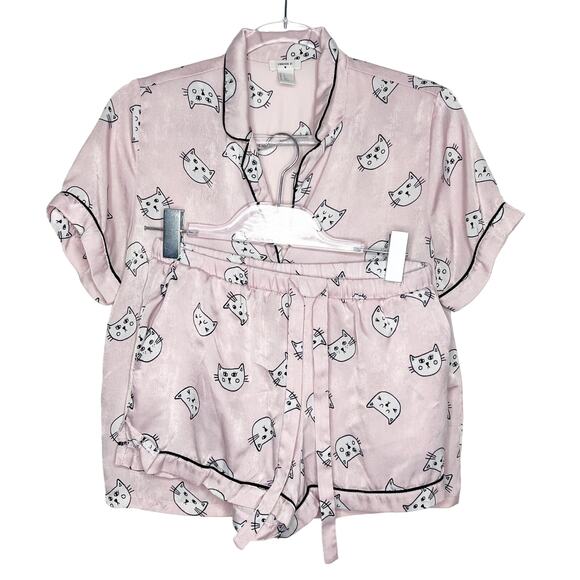 FOREVER 21 Cat Print Pajama Shirt Shorts Set Satin Lightweight Pink Size Small - Picture 3 of 10